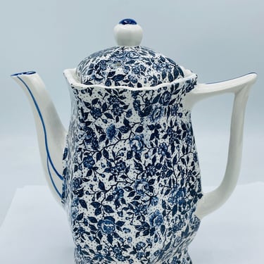 Vintage Tea Coffee Pot Calico Chintz Blue and White Flowers 