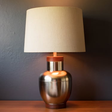 Vintage Stainless Steel and Teak Accent Table Lamp 