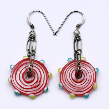 70's red peppermint gumdrop edged glass 925 silver dangles, whimsical swirl candy sterling earrings 