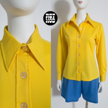 Rare Vintage 60s 70s Bright Yellow Button Down Blouse with Big Pointy Collar 