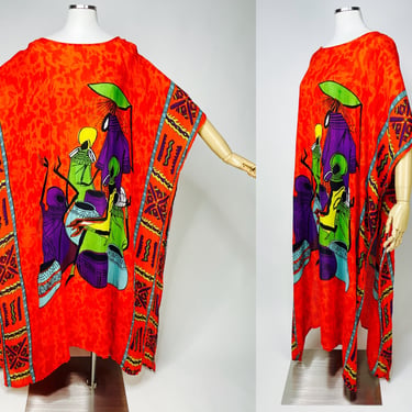 1980s-1990s Bright Orange Open Side Kaftan African Art Dress by J Gee O/S | Vintage, Funky, Beach Cover Up, Summer, Loungewear, 