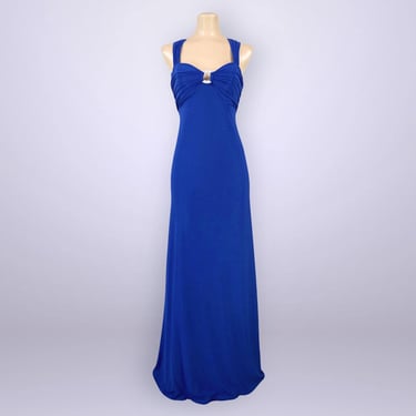 VINTAGE 90s Open Back Formal O-ring Dress By Night Way 4 | 1990s Special Occasion Cocktail Prom Gown | Long Blue Jersey Maxi Dress | VFG 