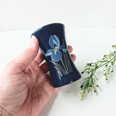 Vintage Otagiri Round Oval Ceramic Bud Vase/ Blue Iris Floral Japan Vase/ Vintage Pottery Weed Pot/Boho Shelf Decor/ Stocking Stuffer 