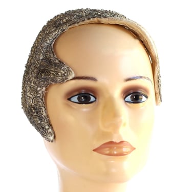 Vintage Joseph Magnin Glass Bead Embellished Satin Headpiece - 1920s 1930s Gatsby Style Bridal Headband 