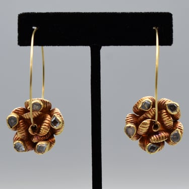 70's brass boho hoops with copper & crystal floral dangles, funky mixed metal bling festival earrings 