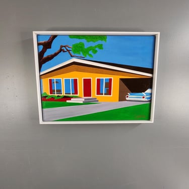 Mid Century Home Painting Acrylic on Canvas Floating Framed Original Art by L Jones 25"x19" 