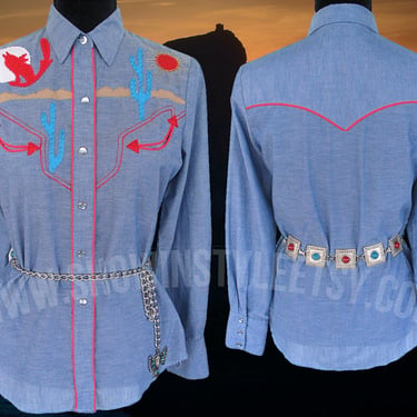 H Bar C, California Ranchwear Vintage Western Women's Cowgirl Shirt, Appliqued & Embroidered Coyote, Approx. Small (see meas. photo) 