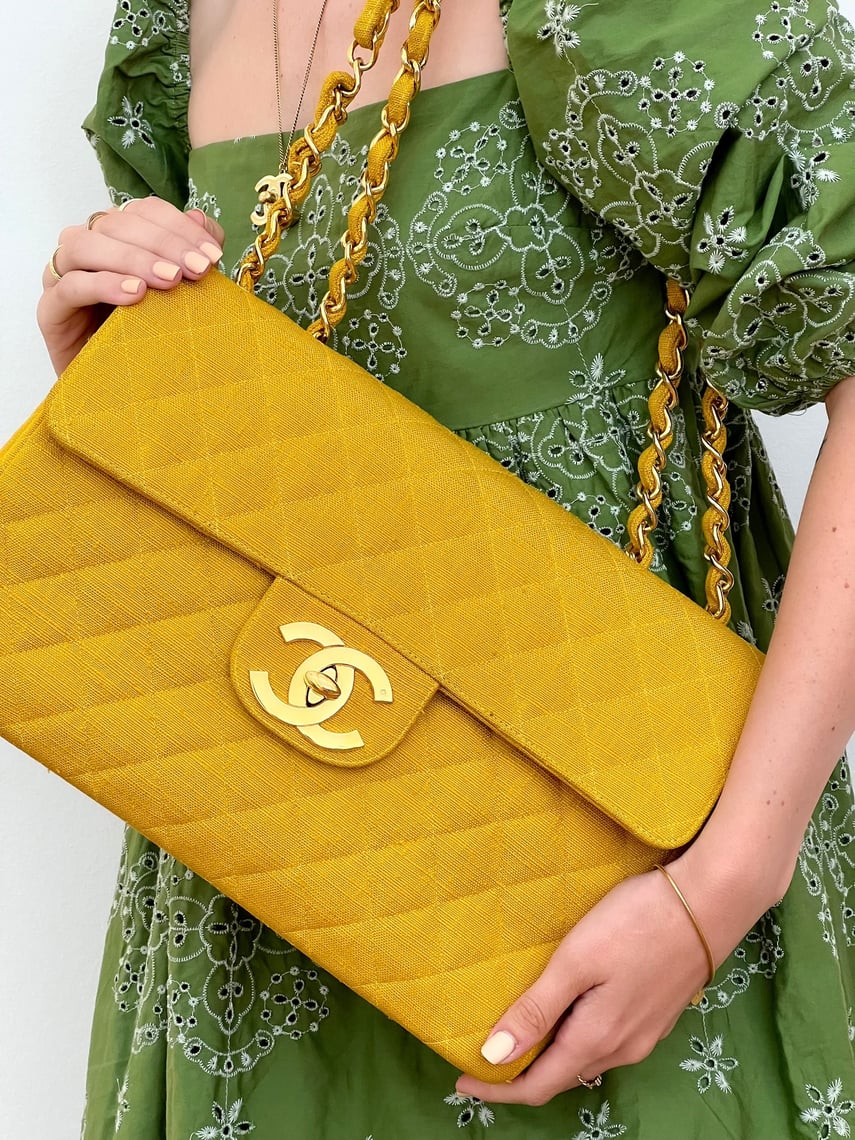 Chanel Mustard Yellow Quilted Patent Leather Maxi Classic Double Flap Bag