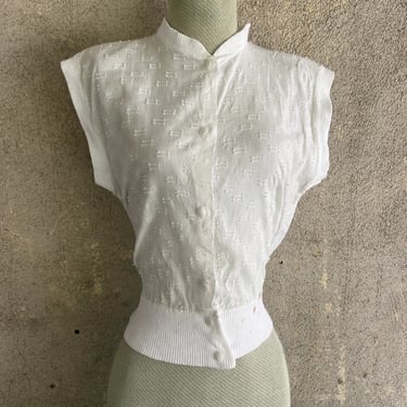 Vintage 1930s White Tufted Geometric Cotton  Sportswear Blouse Dress Top button