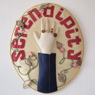Original JULIE JONES 1979 Soft SCULPTURE 20x16" Wall Hanging Sign Hand Arm Jewelry Rings Fabric Textile Hippie Boho Chic Granny Folk Art 