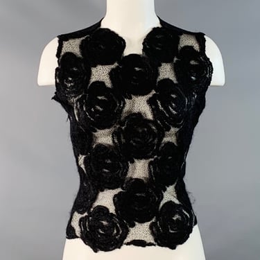 MORGANE LE FAY Size M Black Wool Blend Felted Floral Rosettes Sleeveless Casual Top