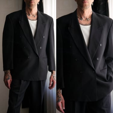 Vintage 80s LUIGI BIANCHI Black Gabardine Boxy Double Breasted Long Lapel Blazer | Made in Italy | 100% Wool | 1980s Designer Mens Jacket 