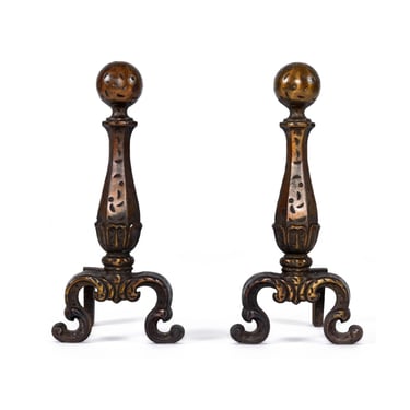 Pair of Andirons with Hammered Texture and Cannonball Crown 