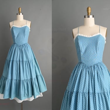 vintage 1970s dress | Blue Cotton Summer Sun Dress | Small 