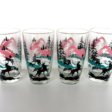 Set of 4 Hazel Atlas Stag Highball Glasses in Turquoise and Pink, Atomic Pink and Black Barware Tumblers 