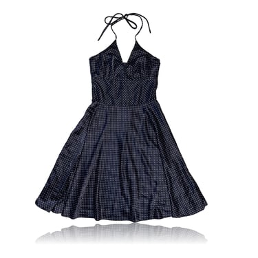 90s Satin Polka Dot Swing Dress Satin Navy White Polkadots // Halter Tie Back // Alyn Paige New York // Size 9/10 