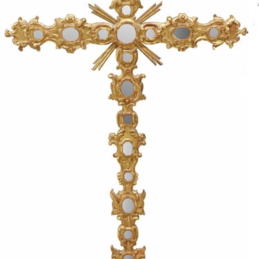 Large Antique Spanish Religious Carved Giltwood Mirrored Processional Altar Cross 19th Century 