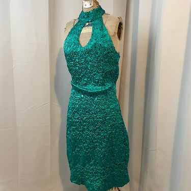 80s Mini Satin Princess Ariel Formal Gown Party Dress Teal sequins M 