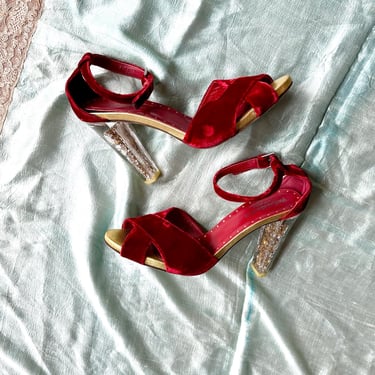 Vintage Y2K Shoes / 2000s Yves Saint Laurent Velvet Lucite Heels / Red ( size 10 ) 