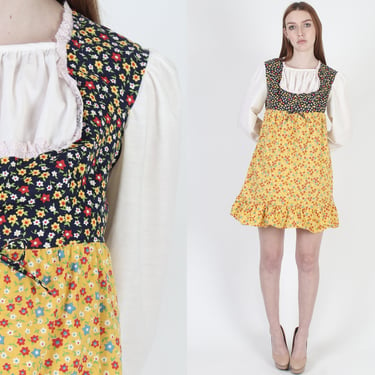 Farm Style Calico Print Apron Mini Dress, Vintage 1970s Tiered Colorful Country Skirt 