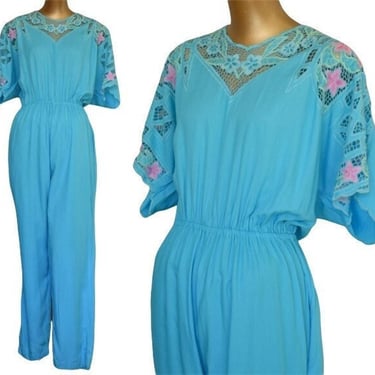 Vintage 90s Bali Crochet Embroidered Cutwork Jumpsuit, Turquoise Blue, New With Tags, NWT, Size M to L, Medium to Large 