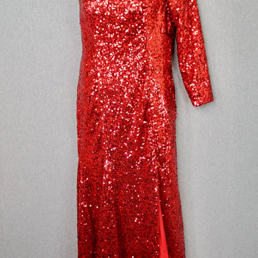 Red Sequin One Shoulder Evening Gown - Formal, Black Tie, Cocktail Party - Pageant Dress - Prom Dress - Size L/XL 