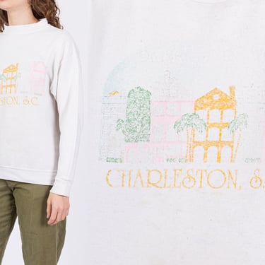 90s Charleston South Carolina Tourist Sweatshirt - Men's Medium, Women's Large | Vintage White Distressed Graphic Souvenir Pullover 