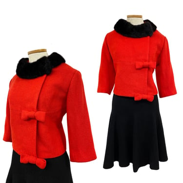 Vtg Vintage 1960s 60s Glam Designer Lilli Ann Mink Trim Holiday Bow Red Coat 