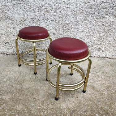 Vintage Pair of Small Leather Bar Stools/ Mini Retro Bar Chairs/ Old Red Faux Leather Chairs/ Metal And Faux Leather Stools/Mid Century/ 80s 