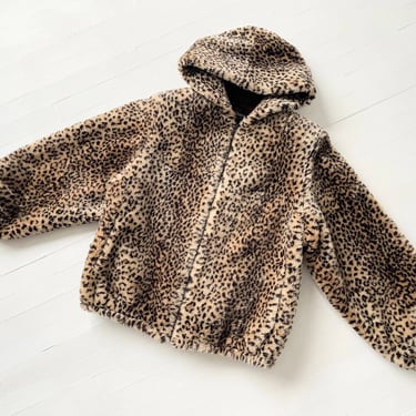 1980s Oleg Cassini Hooded Leopard Print Faux Fur Coat 