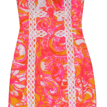 Lilly Pulitzer - Orange & Pink Print Strapless Dress w/ White Embroidery Sz 00