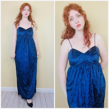 1990s Vintage Jessica McClintock Gunne Sax Crushed Velvet Dress / 90s Blue Velvet Empire Waist Gown / Large 