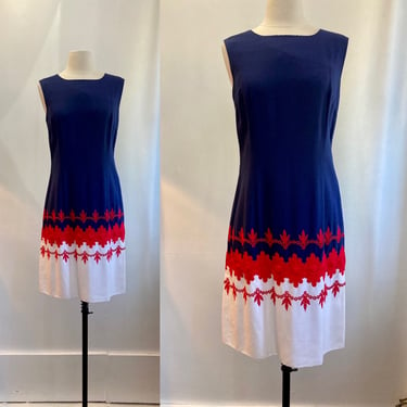 Vintage 60s LINEN Dress / Preppy Shift Dress / EYELET + Embroidery Detail / Chic 