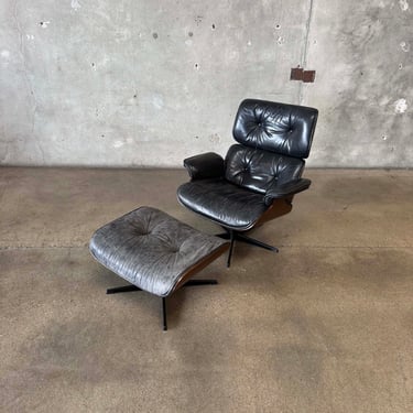 Vintage Walnut And Black Leather Reproduction Eames Chair And Ottoman