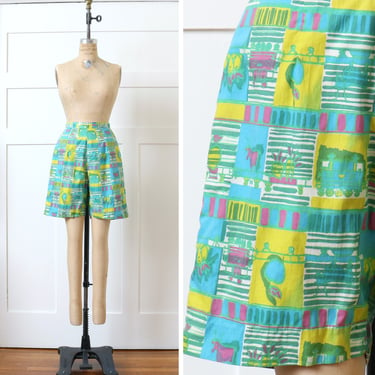 vintage 1960s novelty print shorts • women's bright cotton shorts in turquoise blue, pink & chartreuse 