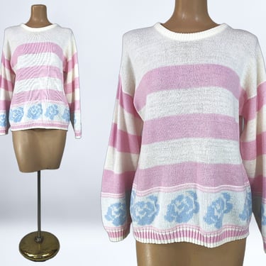 VINTAGE 80s Pastel Pink & White Striped Sweater with Blue Roses M/L/XL | 1980s Oversized Pullover Sweater Vaporwave | VFG 