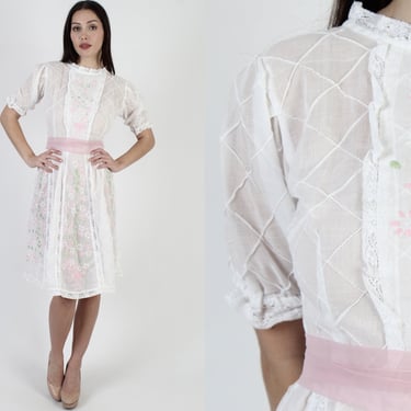 Vintage White Mexican Dress Floral Embroidered Crochet Thin Cotton Bridal Mini 