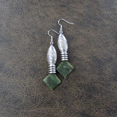 Serpentine green stone earrings, tribal ethnic earrings, boho earrings, bohemian earrings, silver 