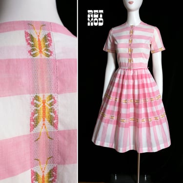 BEAUTIFUL Vintage 50s 60s Pastel Pink Plaid Stripe Fit & Flare Dress with Woven Rainbow Butterflies 
