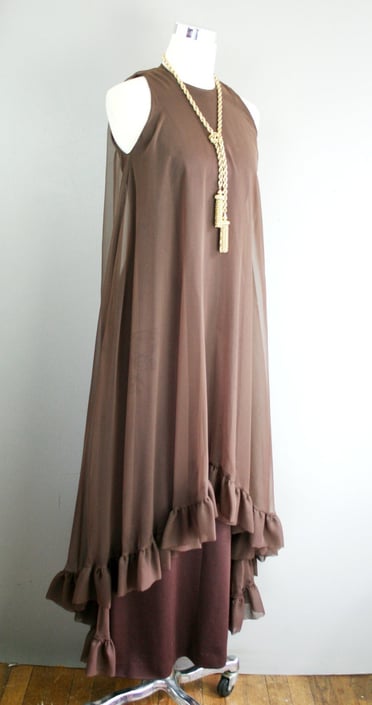 1970s - Chiffon Cocktail Gown - Brown- High Low - Ruffled - Small - Brown - by Coco of California 