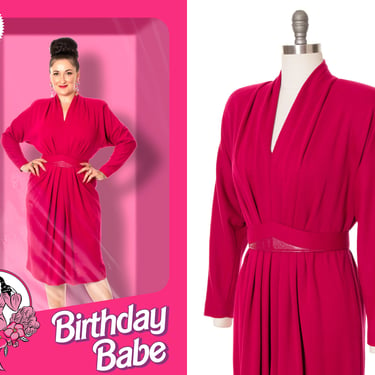 Vintage 1980s Sweater Dress | 80s Hot Pink Fuchsia Jersey Knit Long Sleeve Sheath Belted Secretary Dress (medium/large) 