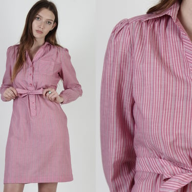 Vintage 80s Simple Secretary Shirt Dress Pink Pinstriped Belted Shift Mini 