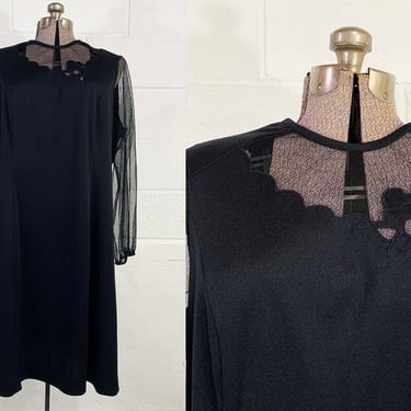 Vintage Black A-Line Dress Sheer Long Sleeves Cocktail Party New Year's Eve Wedding 1980s 80s Plus Curvy Volup XXL 1XL 1X 2XL 2X 3XL 3X 