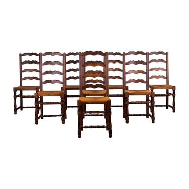 Antique Country French Farmhouse Ladder Back Oak Dining Chairs W/ Rush Seats - Set of 8 