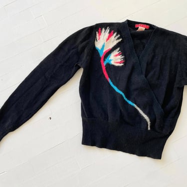 1980s Halston Black Lambswool Botanical Wrap Front Sweater 