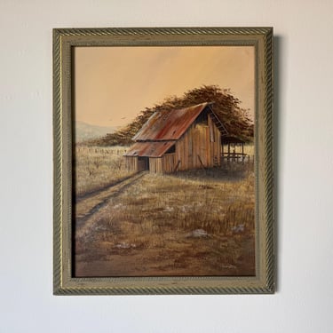1970s Vintage Impressionist Farm Landscape Oil Painting by Carlette 
