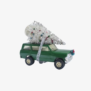 1960s Pressed Steel Tonka Jeep plus 50s Bottlebrush Tree with Glass Garland and Tiny Gifts, Christmas Car 