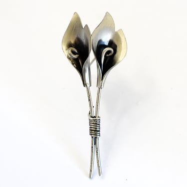 50's Modernist matte sterling double calla lily brooch, oxidized 925 silver abstract flowers pin 