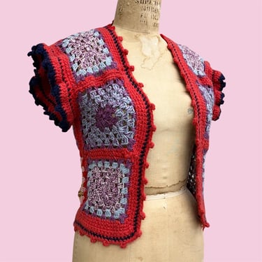 Vintage Crochet Vest Retro 1970s Handmade + Granny Square + No Size + Wool + Waistcoat + Flutter Sleeve + Multi Color Print + Womens Apparel 