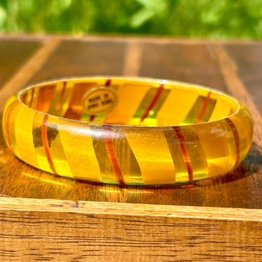 Vintage Lucite Bangle Bracelet Striped Yellow Red Made In Hong Kong Retro 70s 80s 